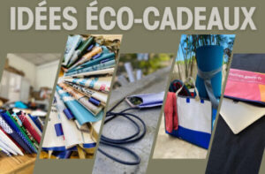 Objets fabriqu&eacute;s &agrave; partir de b&acirc;ches publicitaires recycl&eacute;es avec texte "Id&eacute;es &eacute;co-cadeaux".