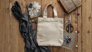 Sac TOCO fabriqu&eacute; &agrave; partir de b&acirc;che publicitaire recycl&eacute;e, pos&eacute; sur une table d&rsquo;atelier avec outils de couture, fabrication locale et solidaire.