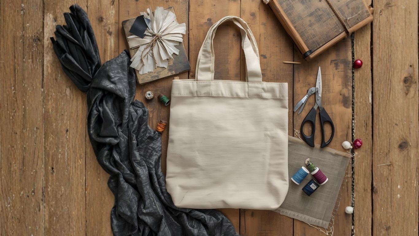 Sac TOCO fabriqu&eacute; &agrave; partir de b&acirc;che publicitaire recycl&eacute;e, pos&eacute; sur une table d&rsquo;atelier avec outils de couture, fabrication locale et solidaire.